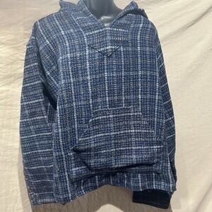 Earth Ragz Mens XL Baja Hoodie Blue Woven Poncho Drug Rug Pullover Sweater